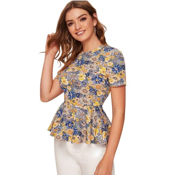SHEIN Tops - SHEIN amorya Navy Floral Short Sleeve Peplum Top size XL